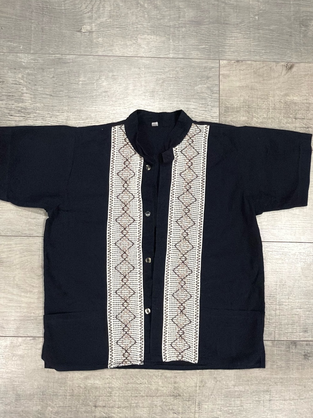 Boys Mexican Guayabera Shirt Size 8 Navy Blue Embroidered Short Sleeve